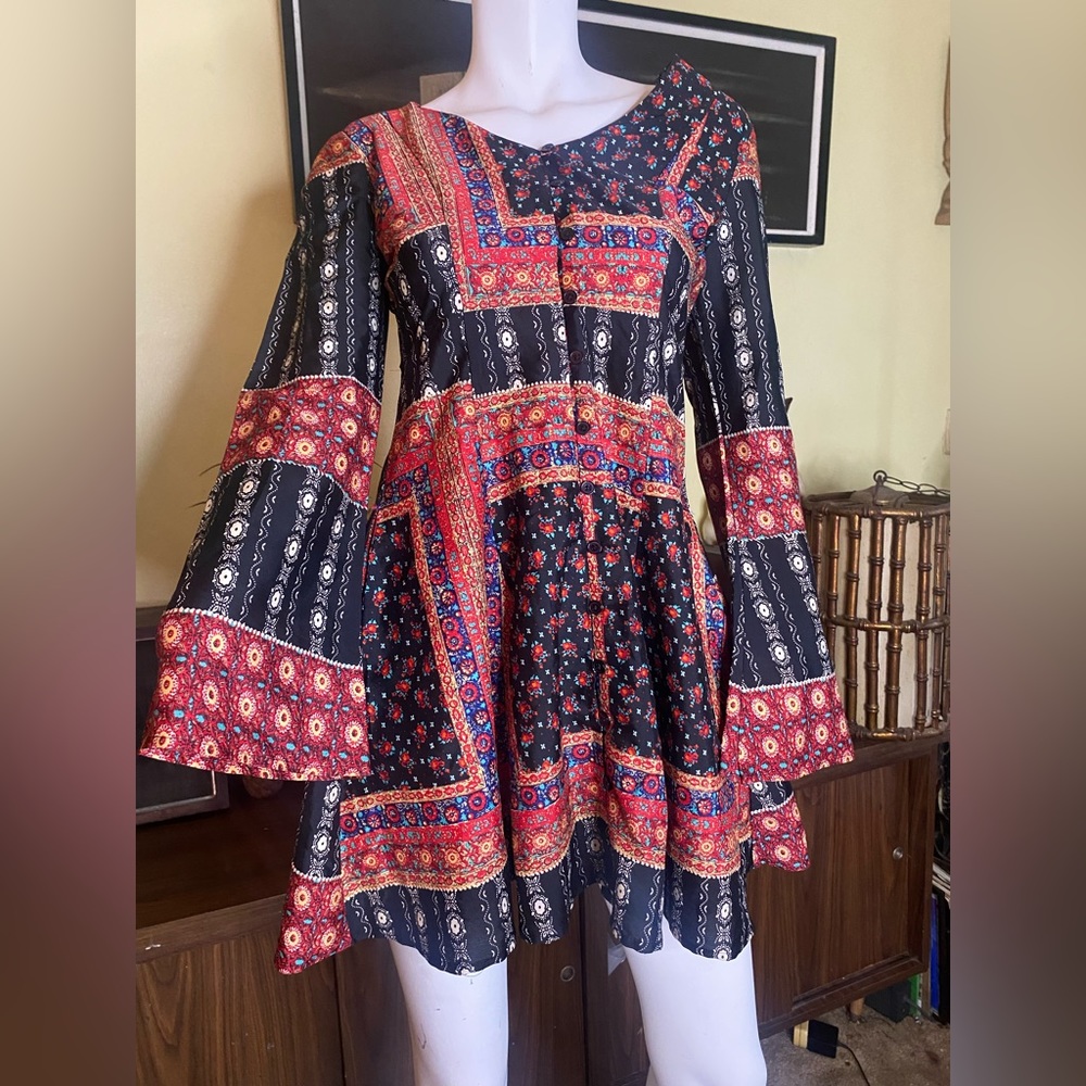Ladies boho patchwork floral hippie flare sleeve mini dress Freebird cowgirl
